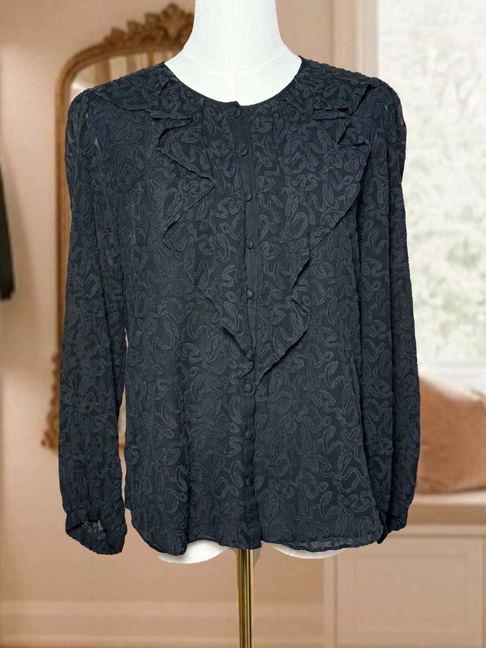 Rebecca Taylor Black Ruffle Front Long-Sleeve Blouse